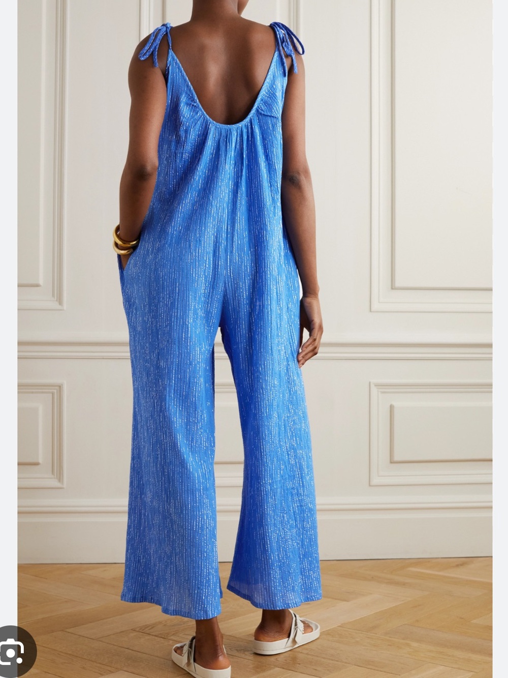 Suzi Kondi BESA Metallic Blue Crinkled Wide-Leg Jumpsuit XS - Picture 2 of 5